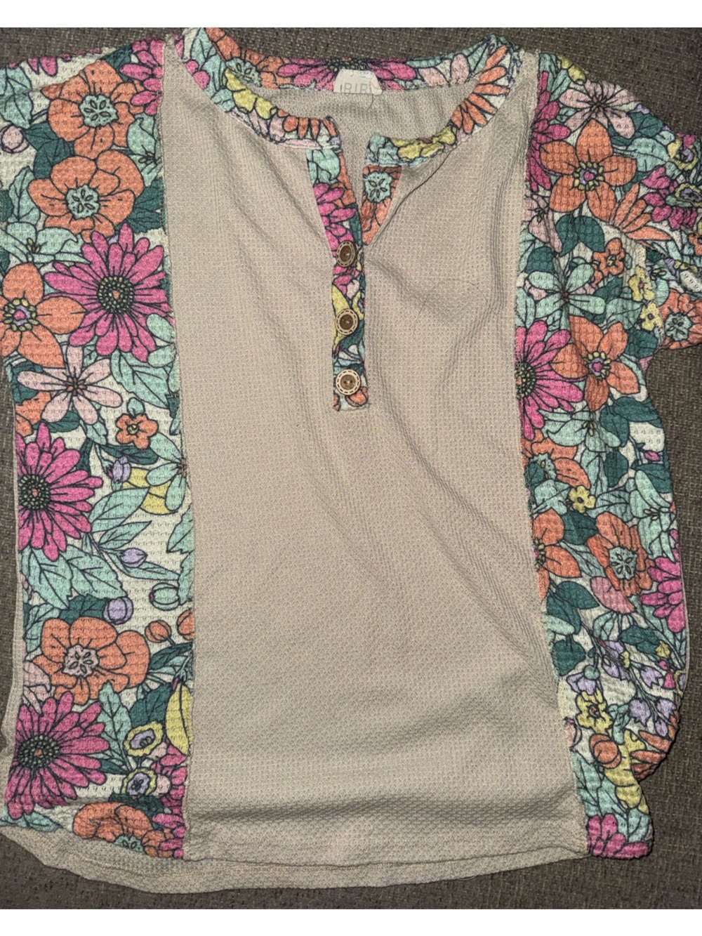 Floral Trim Neutral Knit Top — Pink & Teal Accents